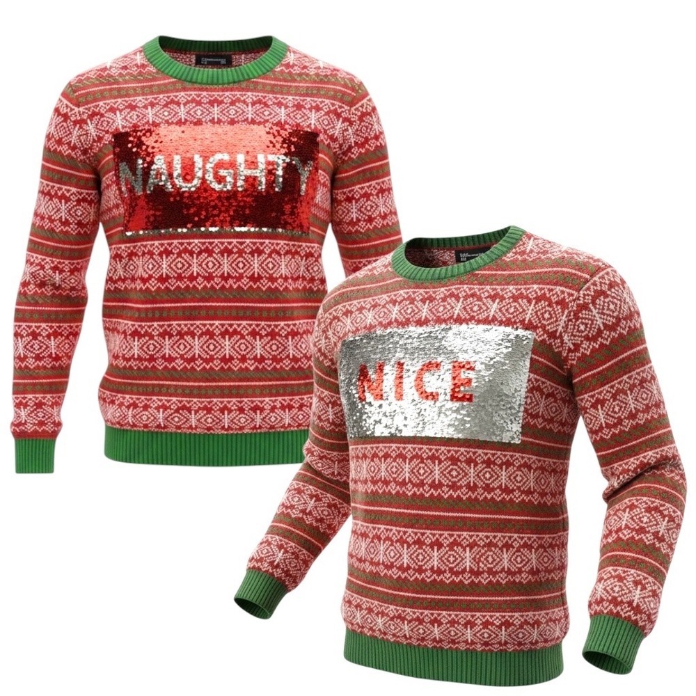 33 Degrees Naughty Nice Reversible Sequin Ugly Christmas Sweater Red Men's M